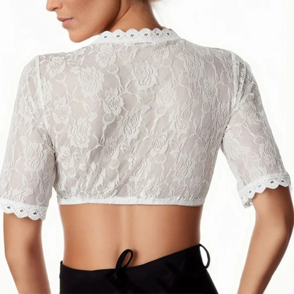 Weiße Dirndl-Bluse aus floraler Spitze, Rückenansicht
