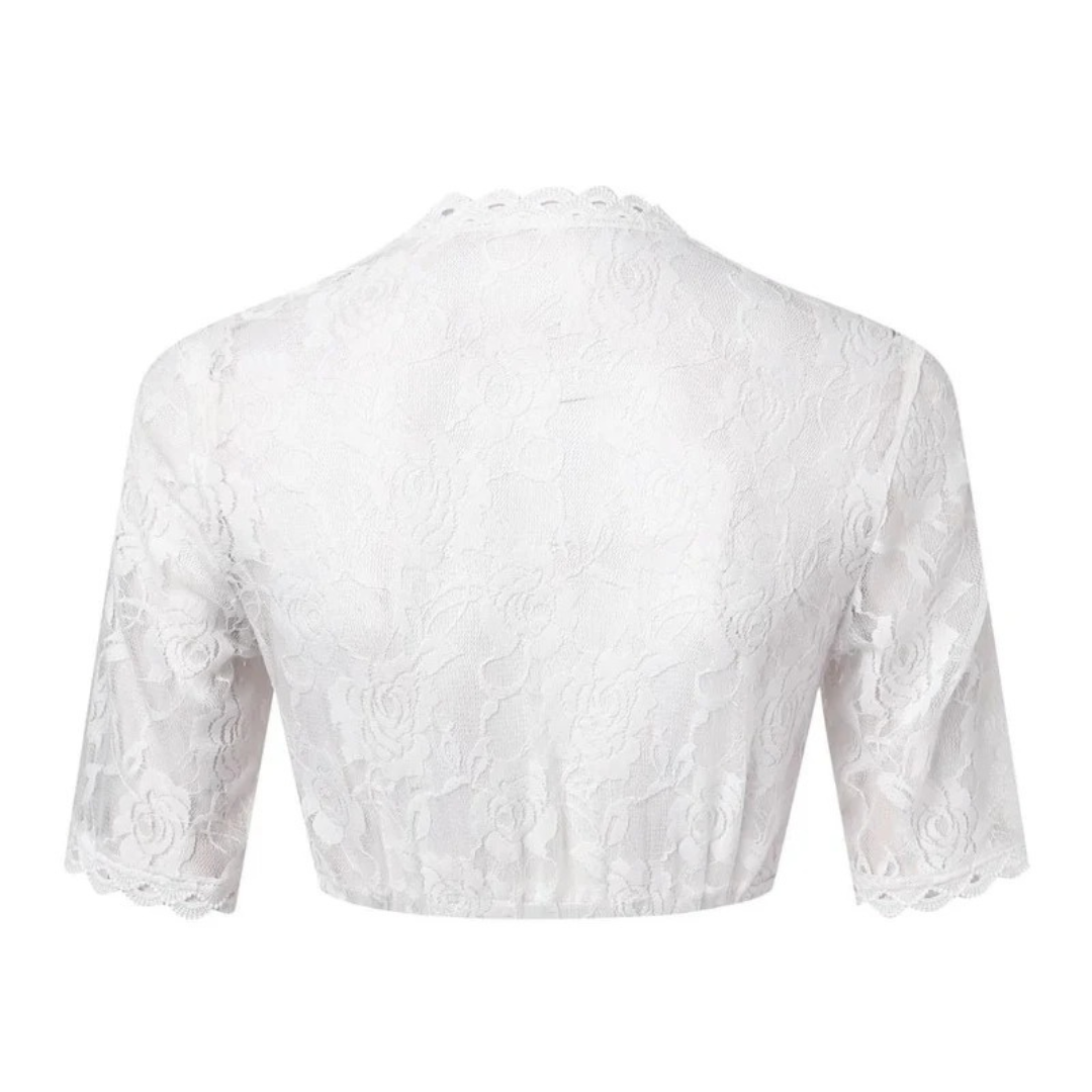 Rückseite der weißen Dirndl-Bluse aus floraler Spitze