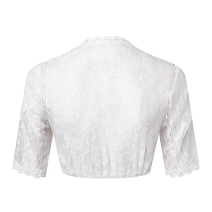 Rückseite der weißen Dirndl-Bluse aus floraler Spitze
