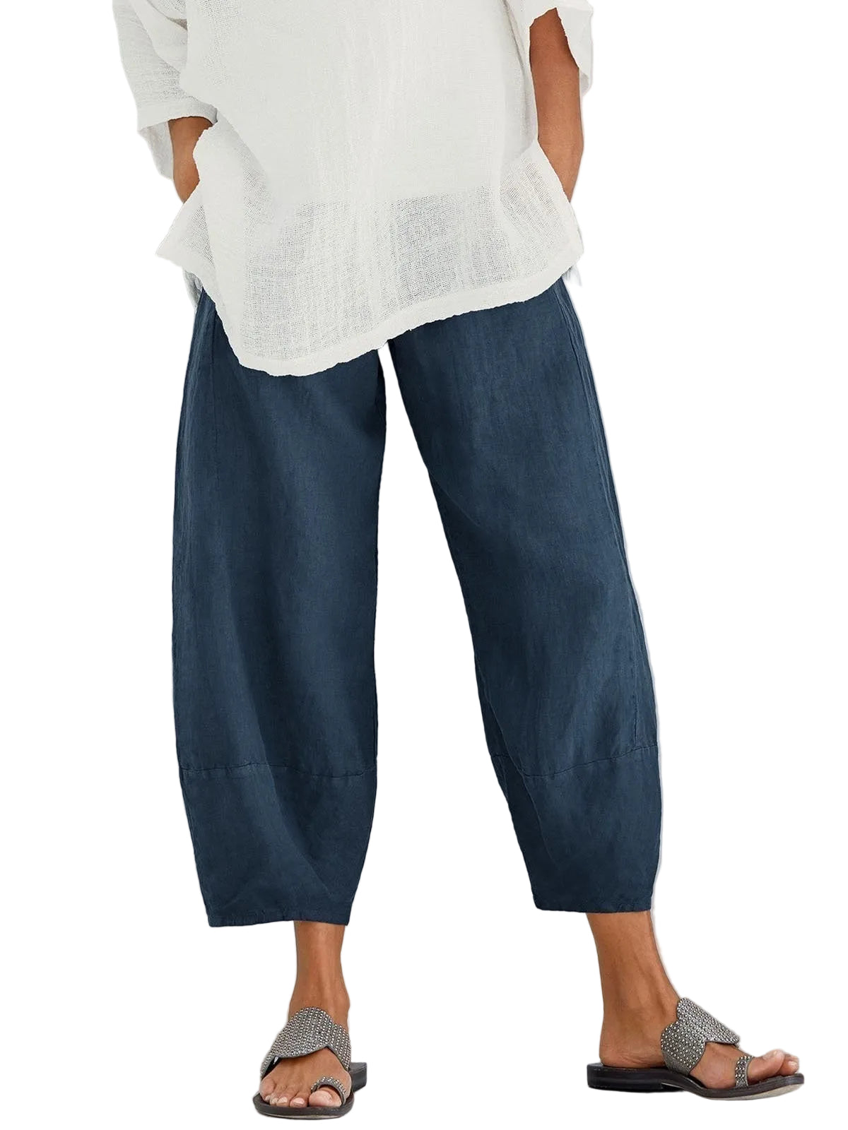 Damenhose in Marineblau mit weitem, nach unten abgerundetem Bein, Frontansicht