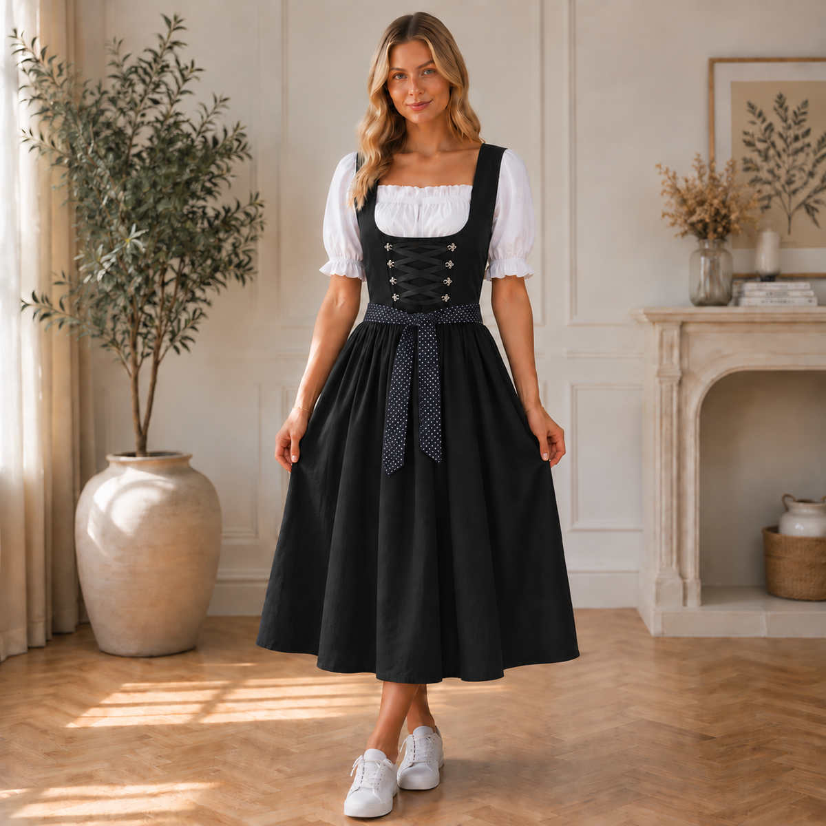 Frau in schwarzem Midi-Dirndl mit weißer Bluse und Schnürung, Ganzkörperansicht