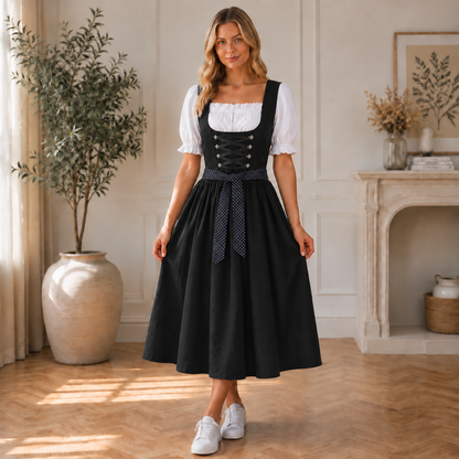 Frau in schwarzem Midi-Dirndl mit weißer Bluse und Schnürung, Ganzkörperansicht