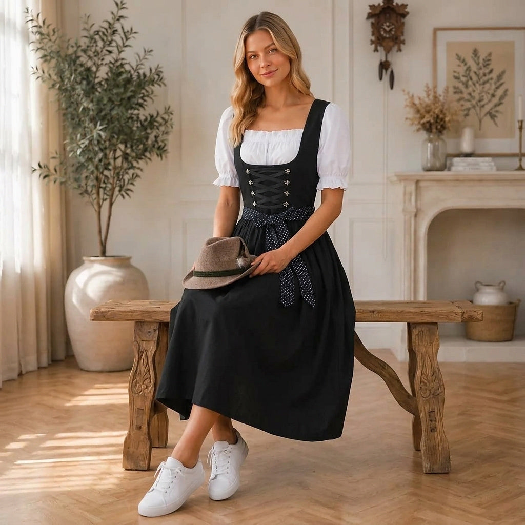 Frau im schwarzen Midi-Dirndl mit Filzhut mit Feder auf dem Schoß, Detail