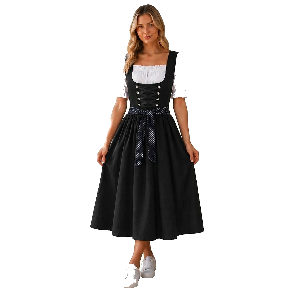 Frau in schwarzem Midi-Dirndl mit weißer Puffärmelbluse und gepunkteter Schleife, frontal vor weißem Hintergrund