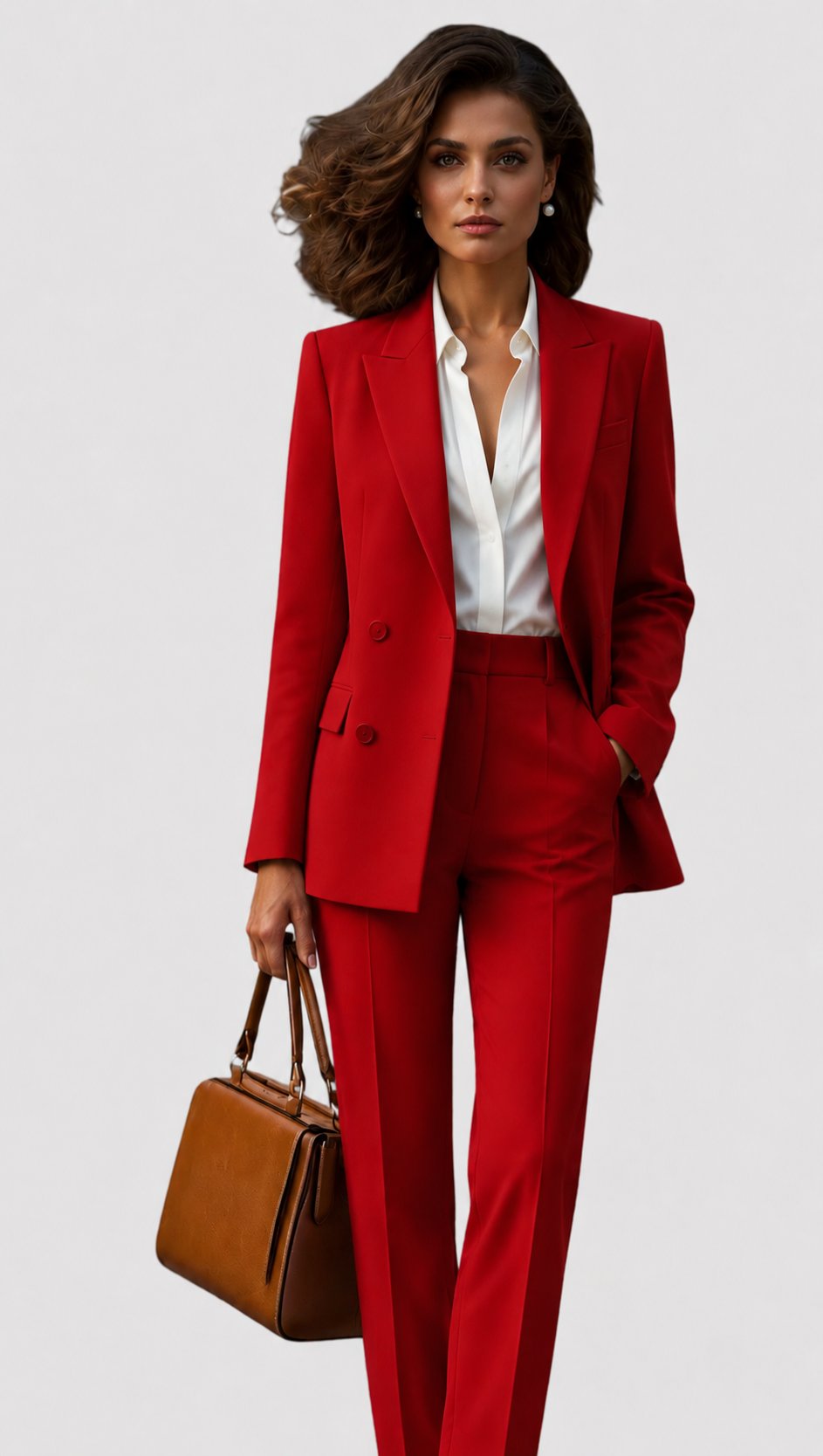 Set in leuchtendem Rot mit zweireihigem Blazer und Bundfaltenhose, getragen mit weißem Hemd und brauner Handtasche. 3