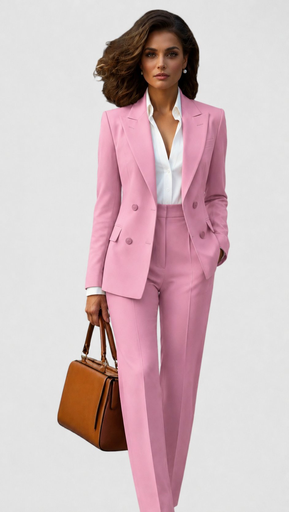 Zweireihiger Blazer mit Hose in Rosa, getragen mit weißem Hemd und brauner Handtasche vor hellem Hintergrund. 5