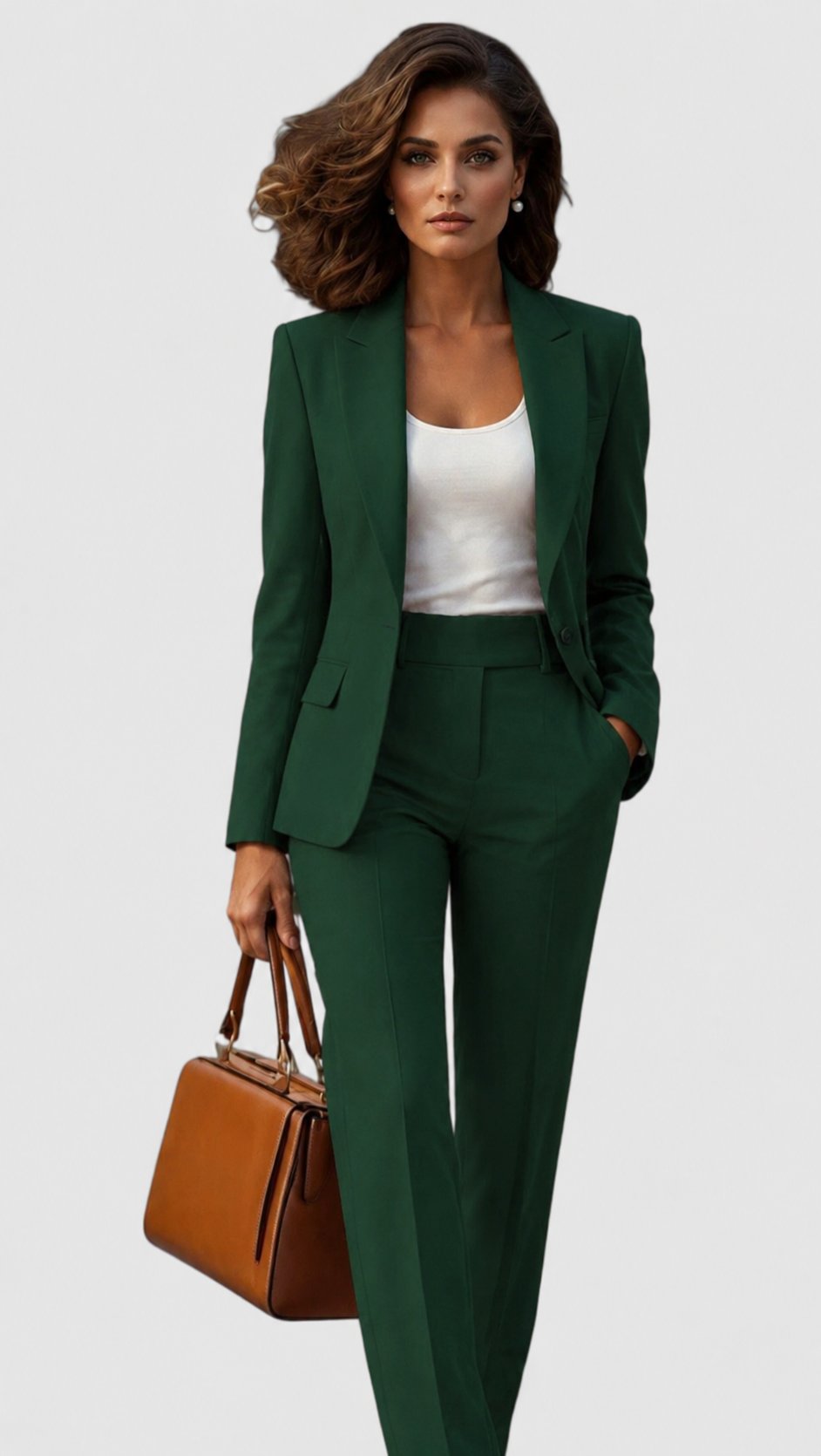 Set in Dunkelgrün mit einreihigem Blazer und hoch geschnittener Hose, getragen mit weißem Top statt Bluse und brauner Tasche. 8