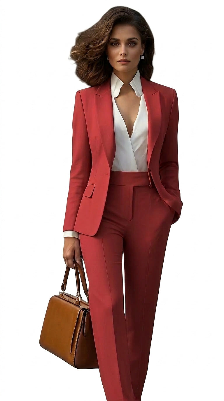 Model in korallrotem Set aus einreihigem Blazer und Hose mit geradem Bein, dazu weiße Bluse und braune Handtasche. 1