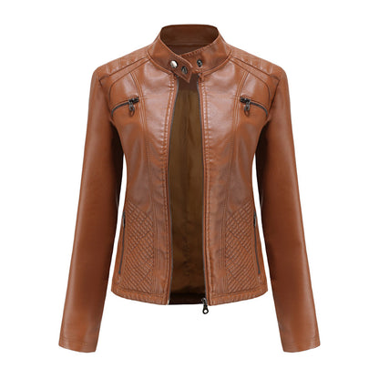 Braune Lederjacke für Damen, Biker-Stil, Reißverschlüsse, modisch, hochwertig
