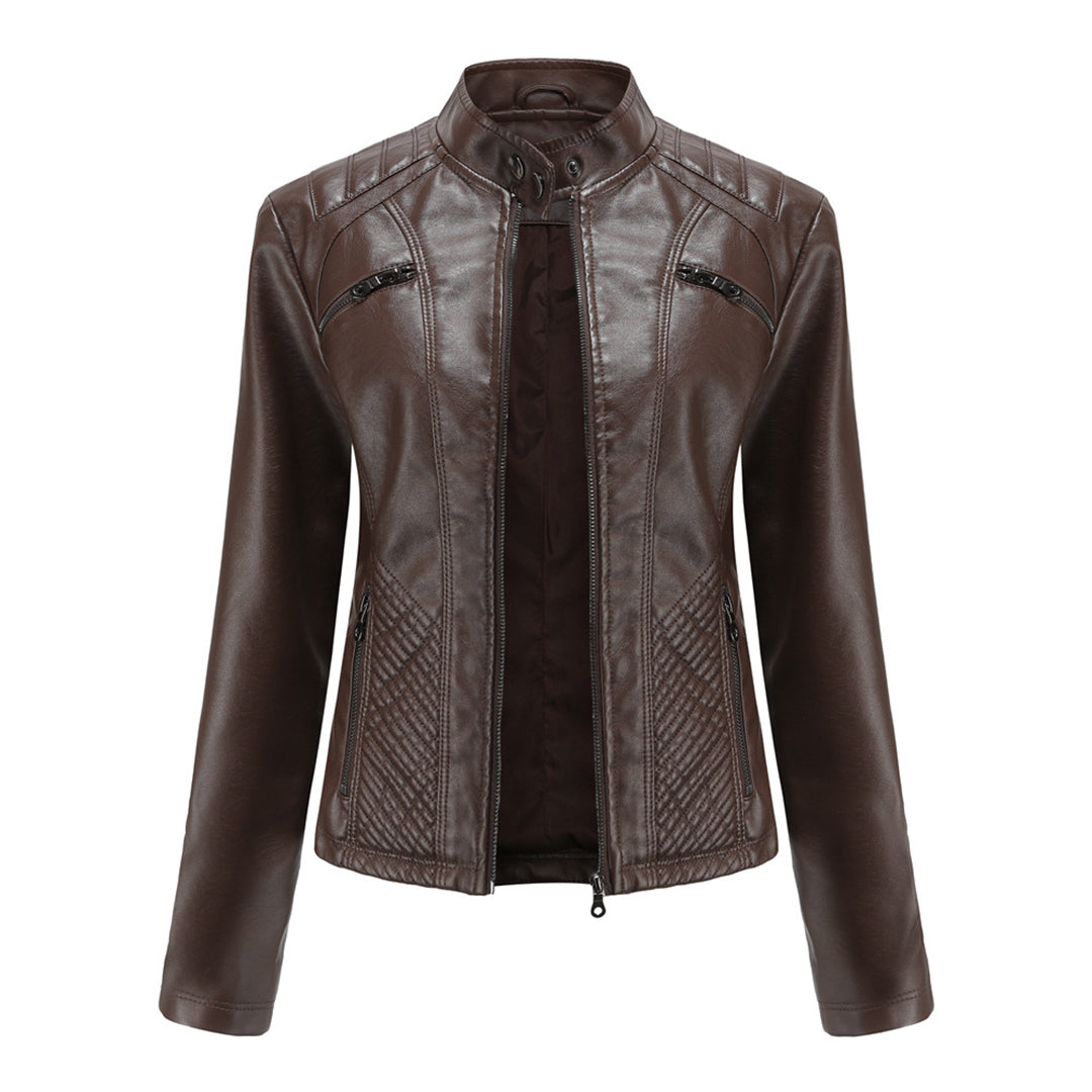 Braune Lederjacke für Damen, Reißverschlüsse, Stehkragen, modisch, elegant, Herbstmode.