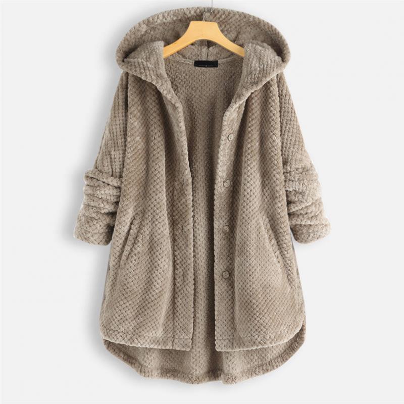 Damen Kapuzenjacke aus Plüsch, beige, warm, gemütlich, Wintermode, Knopfleiste, Taschen.