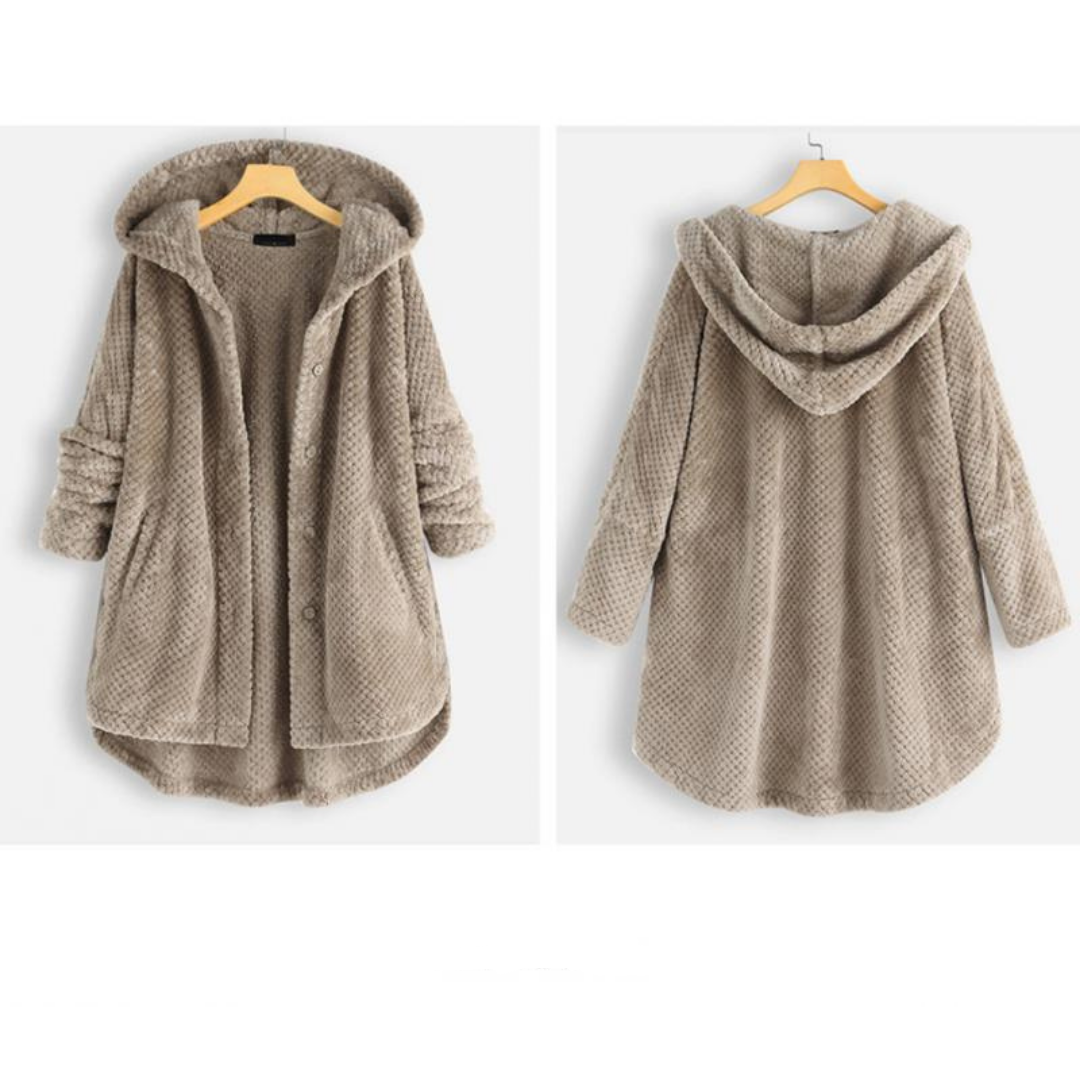 Damen Teddy-Fleecejacke mit Kapuze, beige, warm, gemütlich, modisch, Herbst-Winter-Bekleidung.