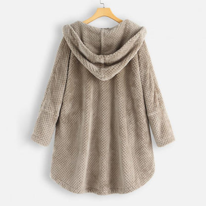 Damen Kapuzenmantel aus Kunstpelz, beige, warm, elegant, Wintermode, gemütlich, modisch.