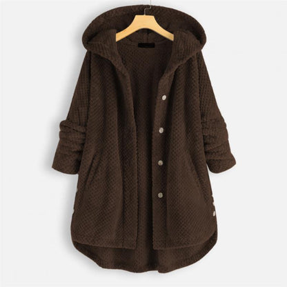 Brauner Damen-Fleece-Mantel mit Kapuze, Knöpfen und Taschen, warm und gemütlich.