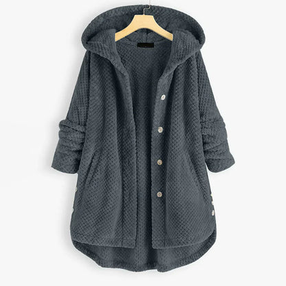 Damen Kapuzenjacke, grau, Fleece, Knopfleiste, warm, gemütlich, Herbstmode, lässig.