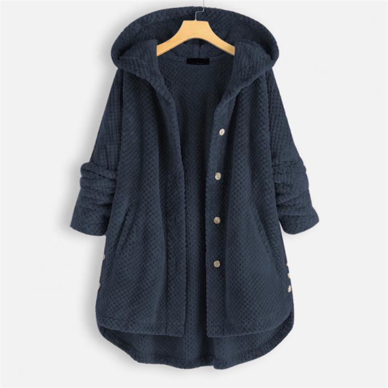 Dunkelgrauer Damen-Fleece-Mantel mit Kapuze, Knöpfen und Taschen, gemütlich und warm.
