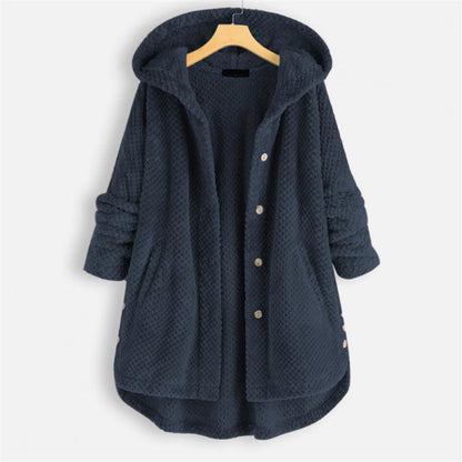 Dunkelgrauer Damen-Fleece-Mantel mit Kapuze, Knöpfen und Taschen, gemütlich und warm.