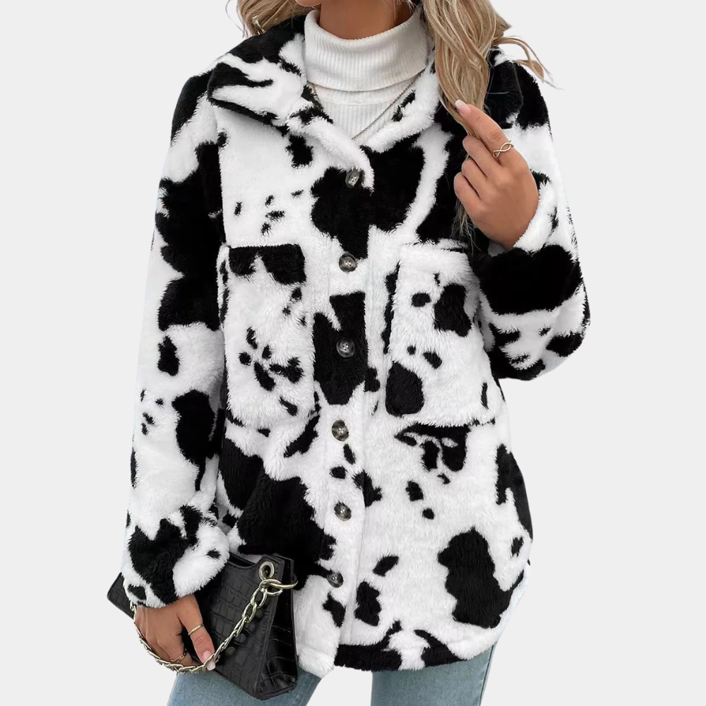 Damenjacke schwarz-weiß Kuhmuster, Kunstpelz, Knopfleiste, modisch, warm, Wintermode.