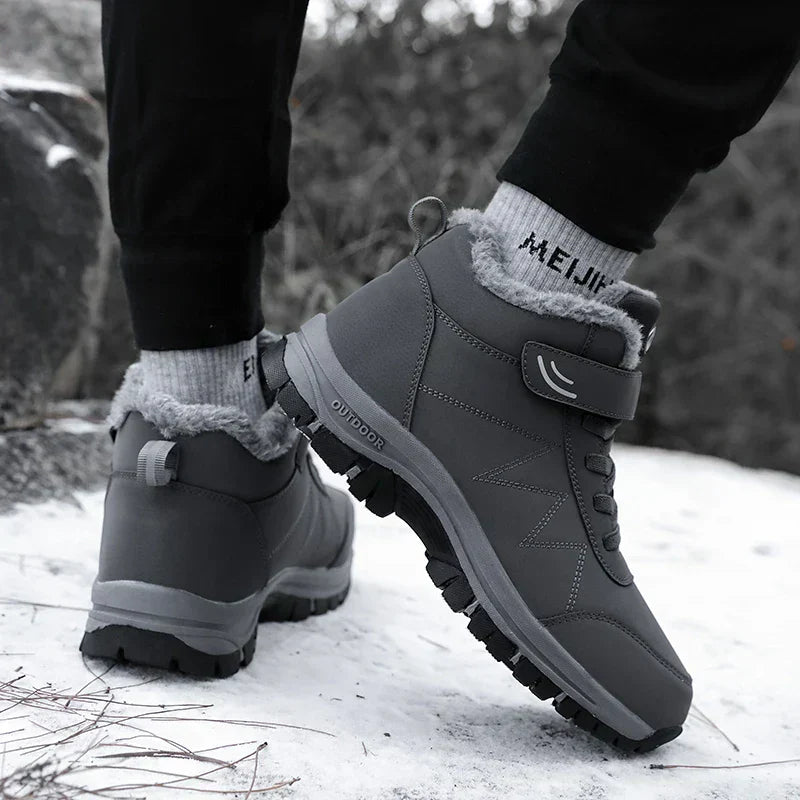 Graue wasserdichte Leder-Winterschuhe, rutschfest, warm, Outdoor-Sneaker für Herren.
