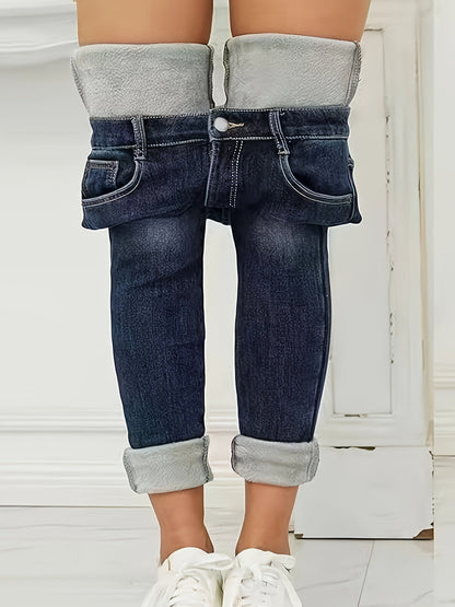 Damenjeans mit umgeschlagenem Saum, dunkelblau, lässig, modisch, Streetwear, Baumwolle.