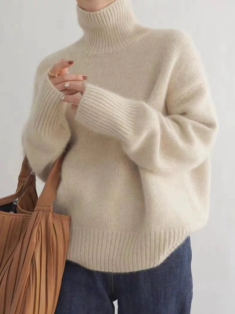 Damen Kaschmir Rollkragenpullover, beige, Herbst Winter 2023, locker, 100% Wolle, modisch.