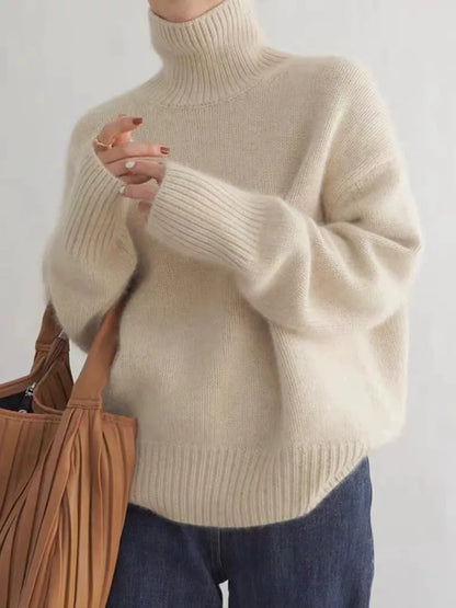 Damen Kaschmir Rollkragenpullover, beige, Herbst Winter 2023, locker, 100% Wolle, modisch.