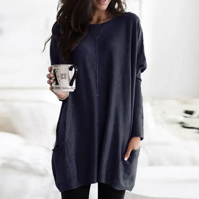 Damen Langarm-Tunika mit Taschen, dunkelblau, lässig, Pullover, Plus Size, bequem.