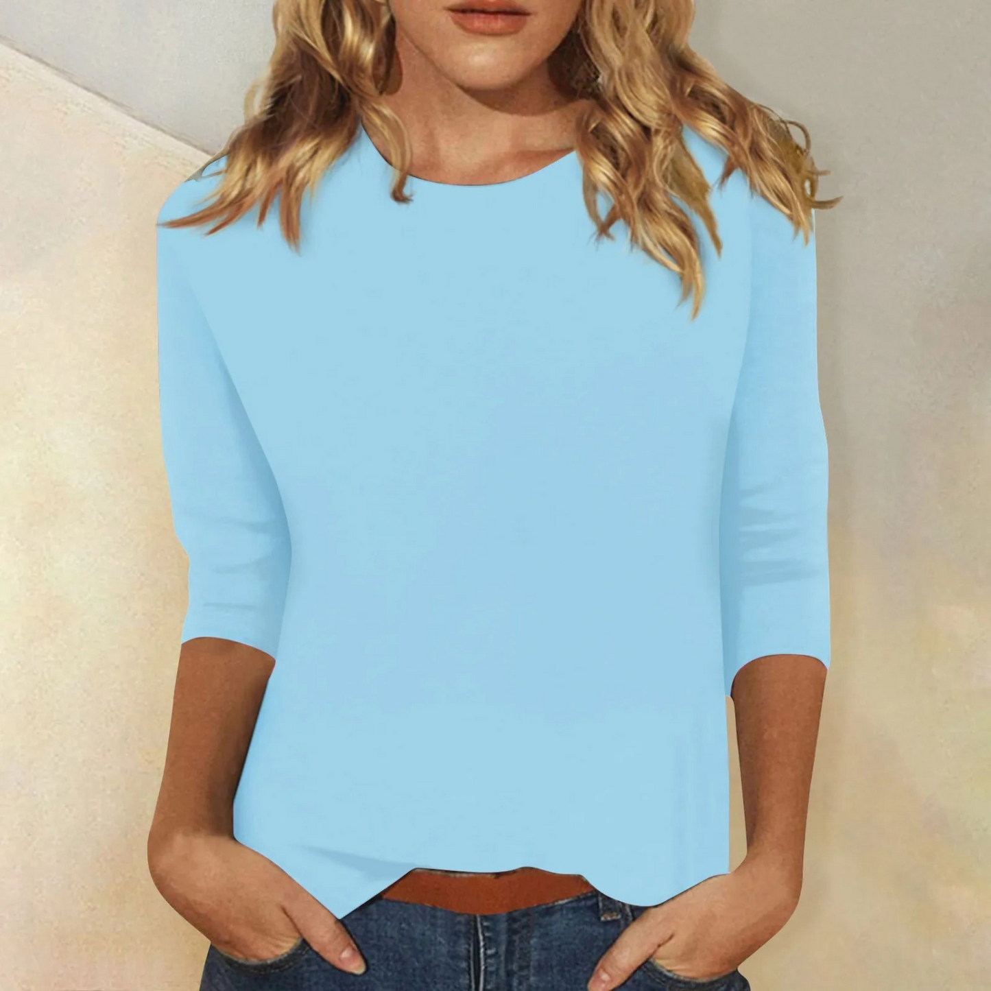 Damen Langarmshirt, hellblau, Baumwolle, lässig, modisch, bequem, Freizeitkleidung.