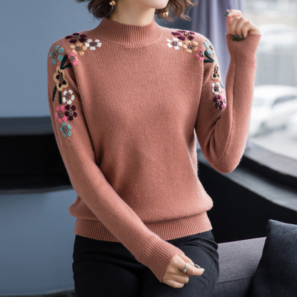 Damenpullover aus Wolle, rosa, mit Blumenstickerei, langärmelig, modisch, elegant