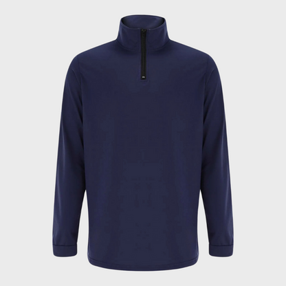 Dunkelblauer Herren-Pullover mit Reißverschluss, Langarm, Stehkragen, Freizeitmode.