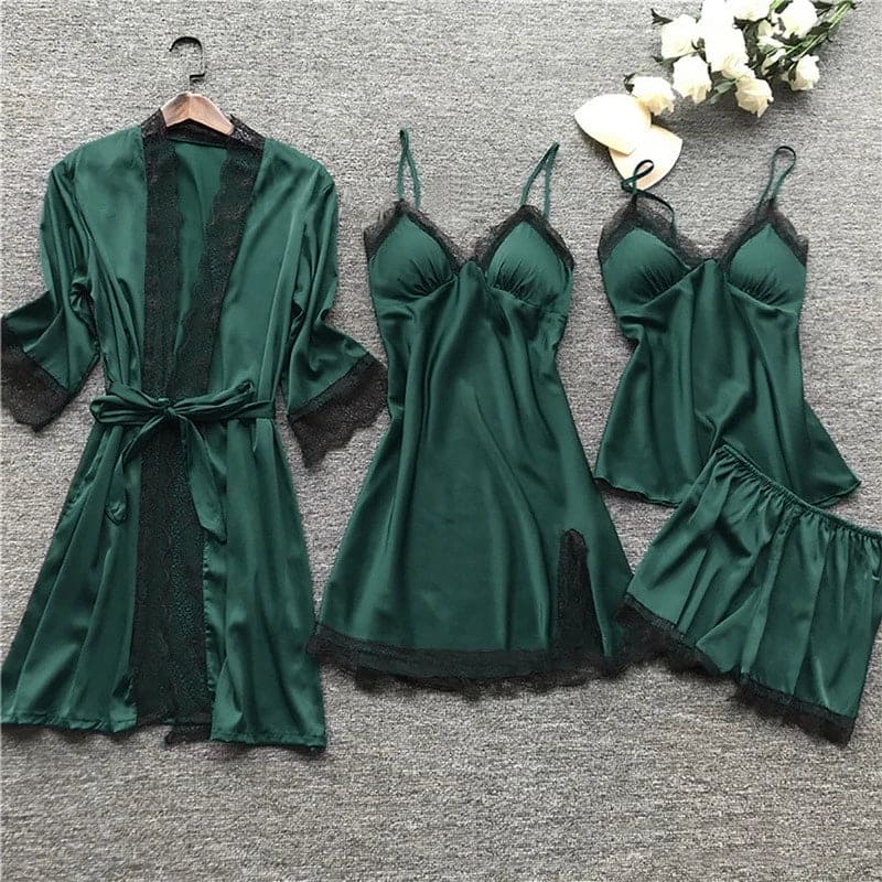 Grünes Damen-Pyjama-Set aus Satin mit Spitze, 4-teilig, Nachtwäsche, elegant und sexy.