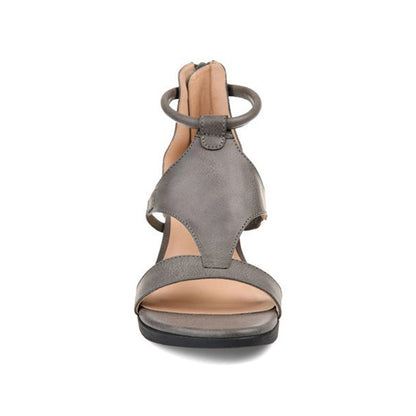 Graue Damen-Sandale aus Leder, offener Zeh, elegantes Design, ideal für Sommermode.