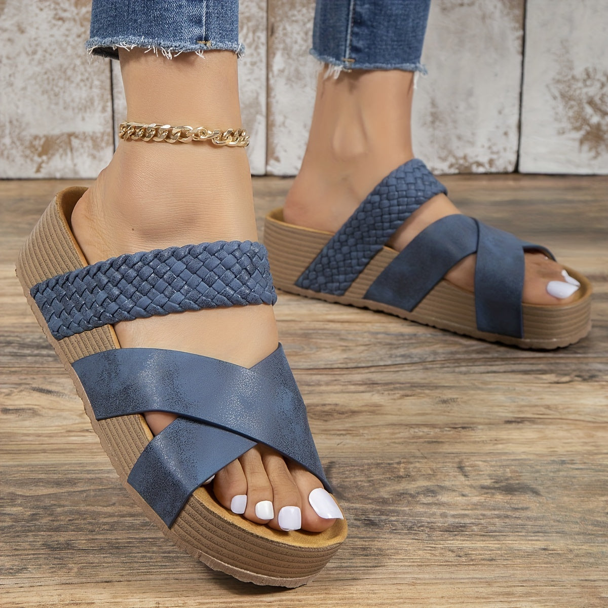 Blaue Damen-Sandalen mit Keilabsatz, geflochtenem Riemen, lässig, bequem, Sommermode.