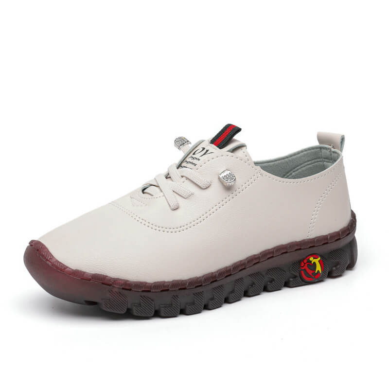 Beiger Damen-Sneaker, Leder, rutschfeste Sohle, modisch, bequem, Freizeit-Schuh.