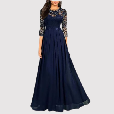 Dunkelblaues Abendkleid mit Spitzenärmeln, bodenlang, elegantes Design für besondere Anlässe.