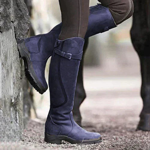 Damenstiefel aus blauem PU-Leder, Reißverschluss, retro, lässig, niedriger Absatz.