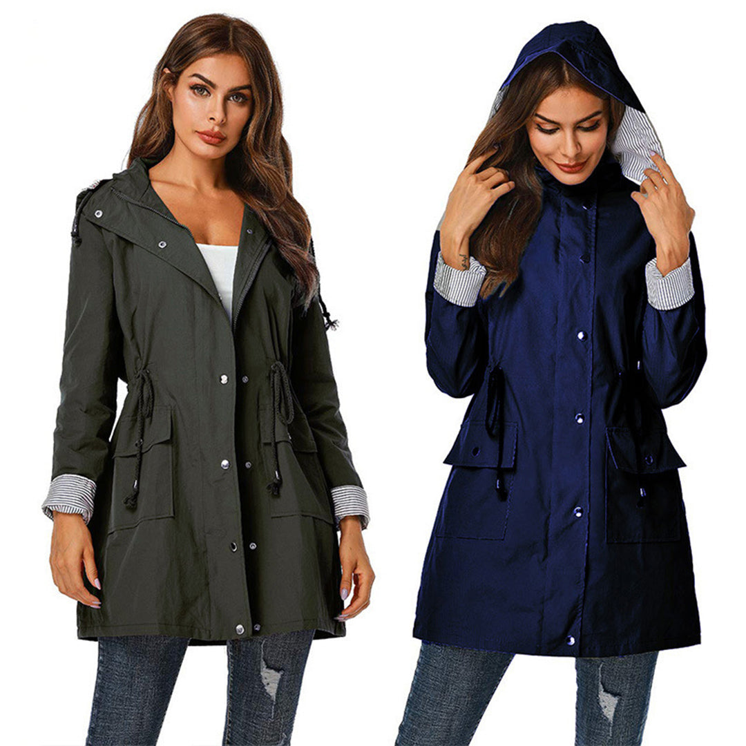 Damen-Windjacke in Olivgrün und Dunkelblau, Kapuze, Kordelzug, Freizeitmode.