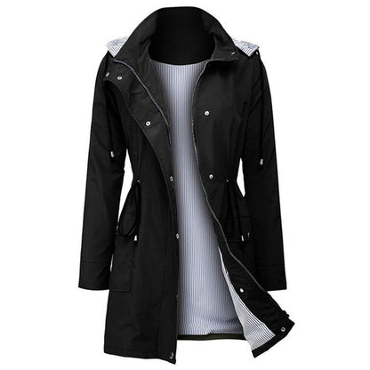 Schwarze Damen-Windjacke mit Kapuze, wasserabweisend, gestreiftes Innenfutter.