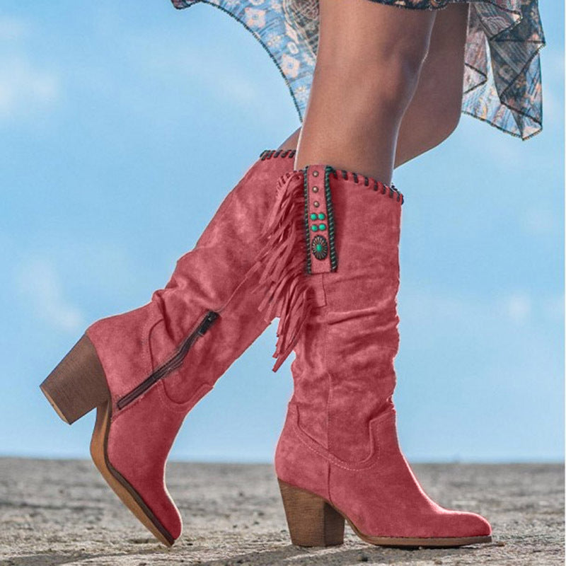 Rosa Damen-Winterstiefel, Retro-Metallschnalle, spitze Zehen, dicker Absatz, Westernstil.