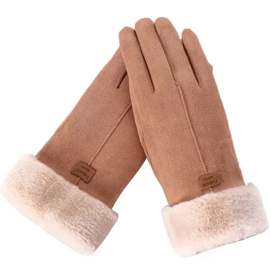 Damenhandschuhe aus Wildleder, beige, mit Kunstfellfutter, winterwarm, elegant.