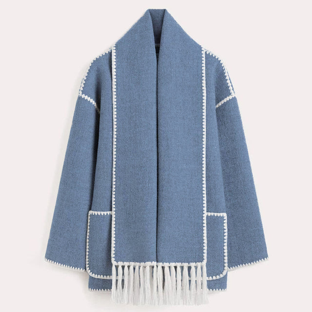 Blaue Damenjacke mit Schal, lange Ärmel, Taschen, Fransen, Herbstmode, elegant, warm.