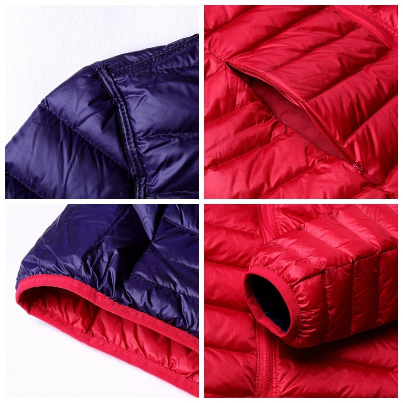 Rote und blaue Daunenjacke, Detailansicht, Reißverschluss, Ärmel, Steppdesign.