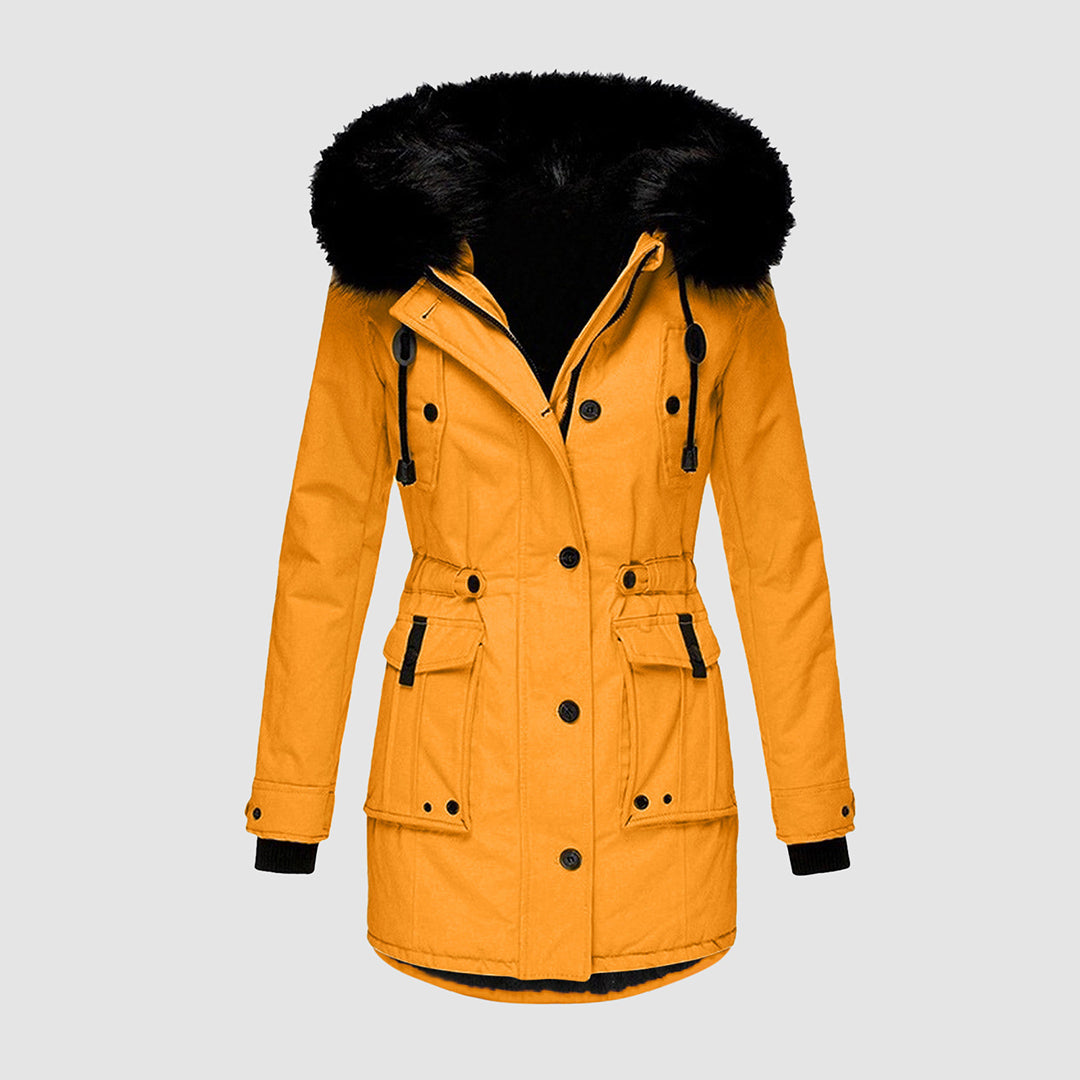 Goldene Damen-Winterjacke mit Kapuze, Fellbesatz, Knöpfen und Taschen, modisch und warm.