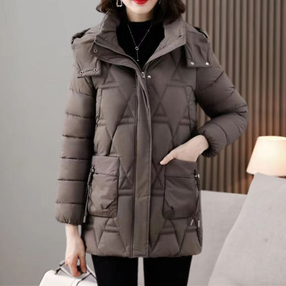 Damen Winterjacke, grau, Steppdesign, Kapuze, warm, modisch, Outdoor, Freizeitkleidung.
