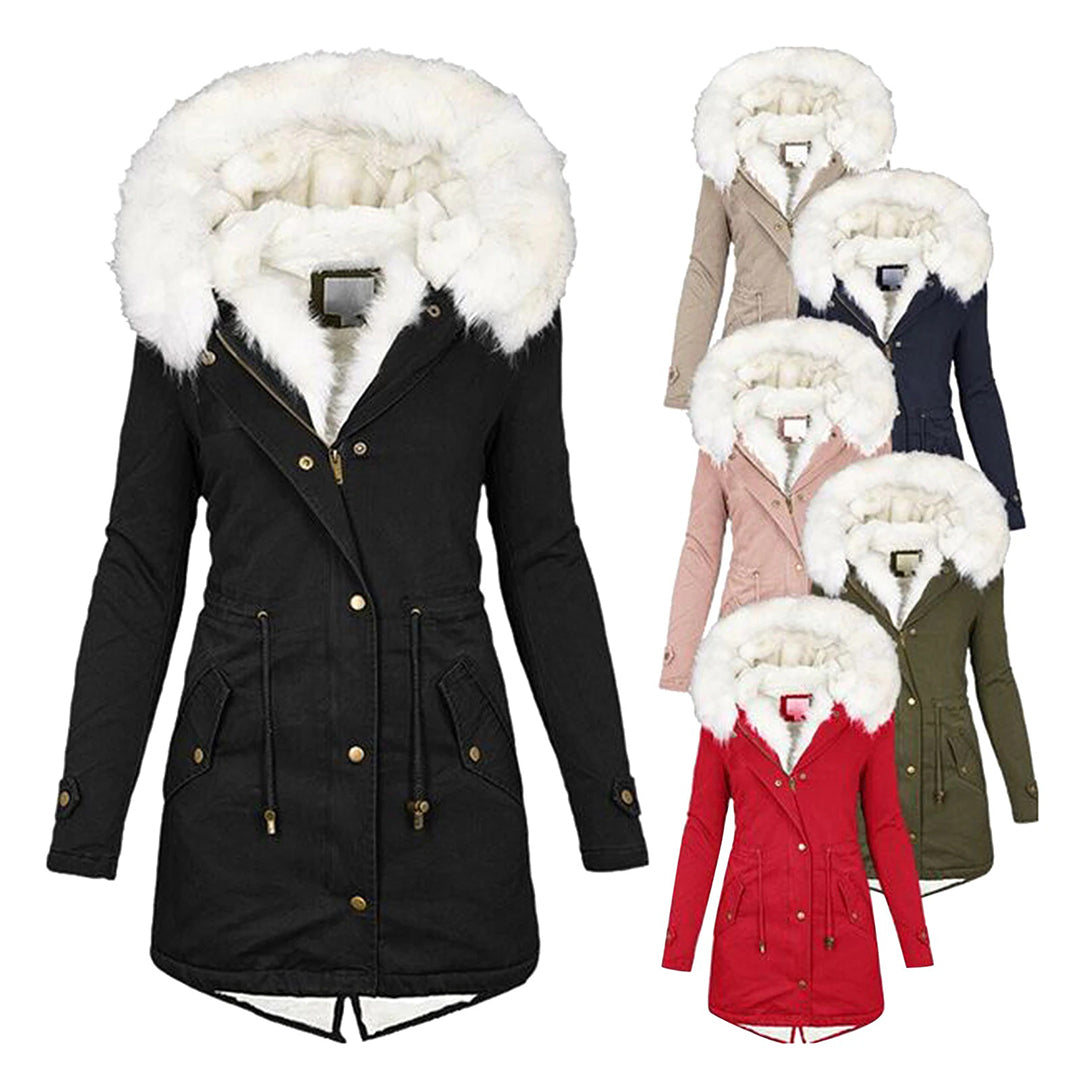 Damen Winterjacke mit Kapuze, Kunstfell, schwarz, beige, rosa, rot, blau, grün, warm, modisch.
