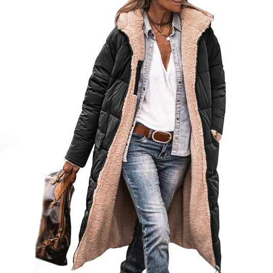 Damen Winterjacke schwarz, gefüttert, mit Kapuze, modisch, warm, ideal für kalte Tage.