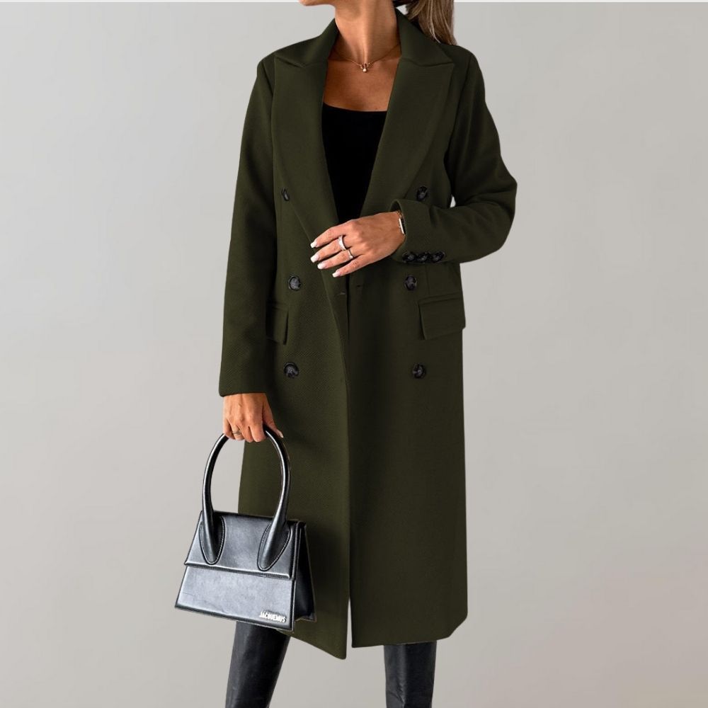 Damen Wintermantel Armeegrün, eleganter Stil, doppelte Knopfleiste, modisch und warm.