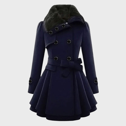 Damen Wintermantel blau, doppelte Knopfleiste, Gürtel, Pelzkragen, elegant, warm.