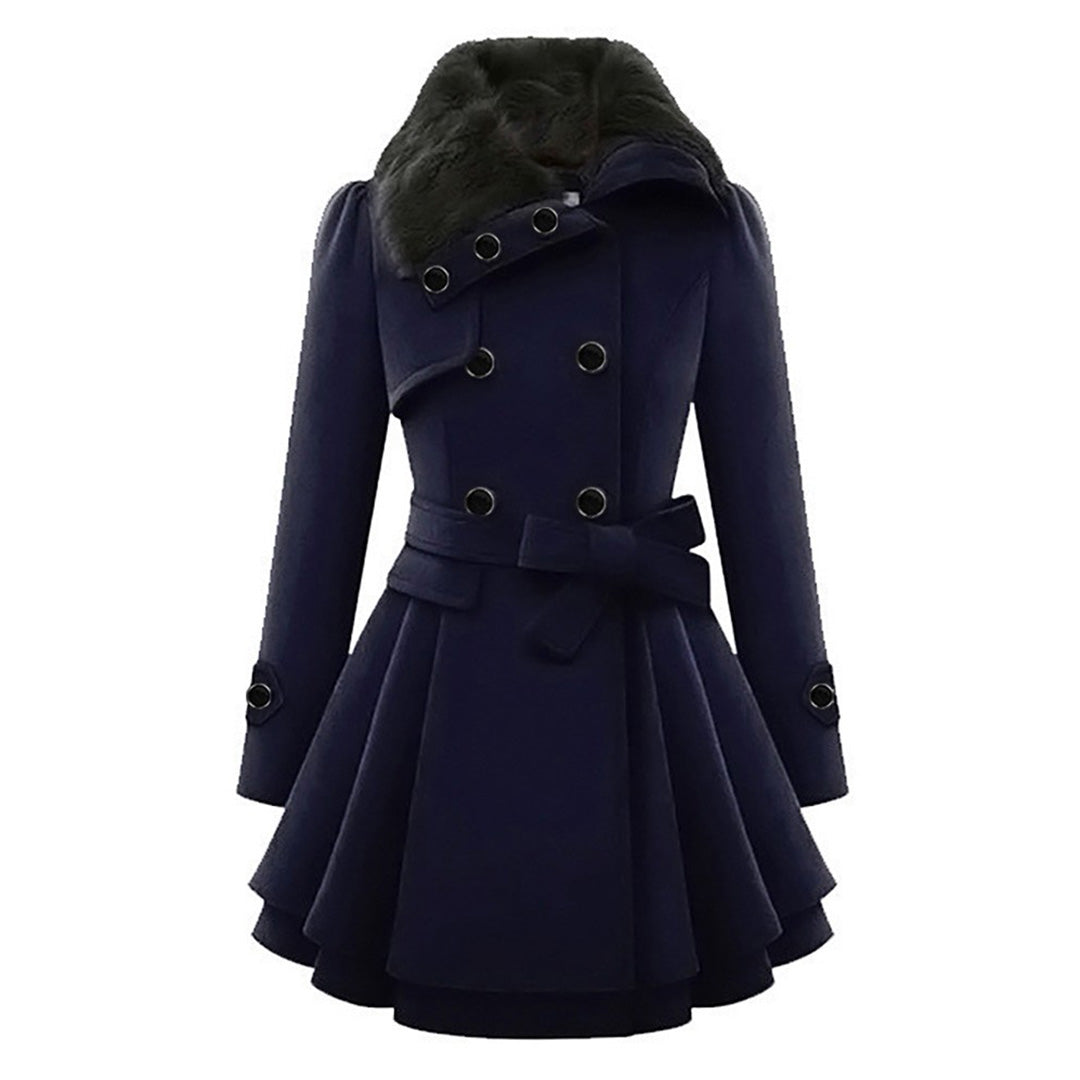 Damen Wintermantel, dunkelblau, mit Gürtel und Kunstfellkragen, elegantes Design.