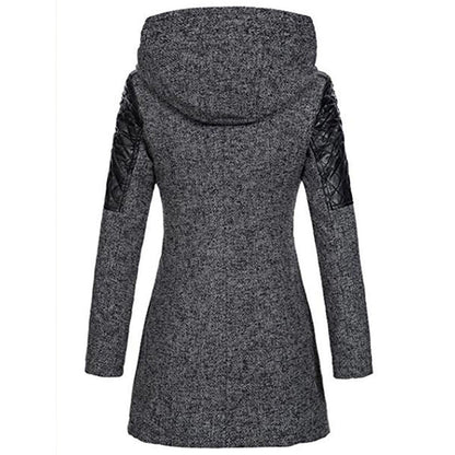 Damen Winterjacke grau mit Kapuze, gesteppte Ärmel, warm, modisch, elegant, Outdoor-Bekleidung.